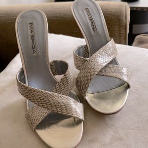 Via Spiga light gray/cream snakeskin mules Sz 8M